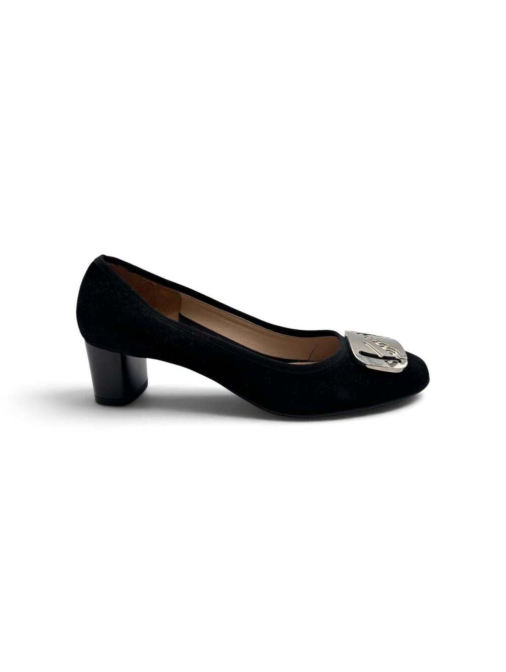 Salvatore Ferragamo Black Suede Block Heel Pumps
